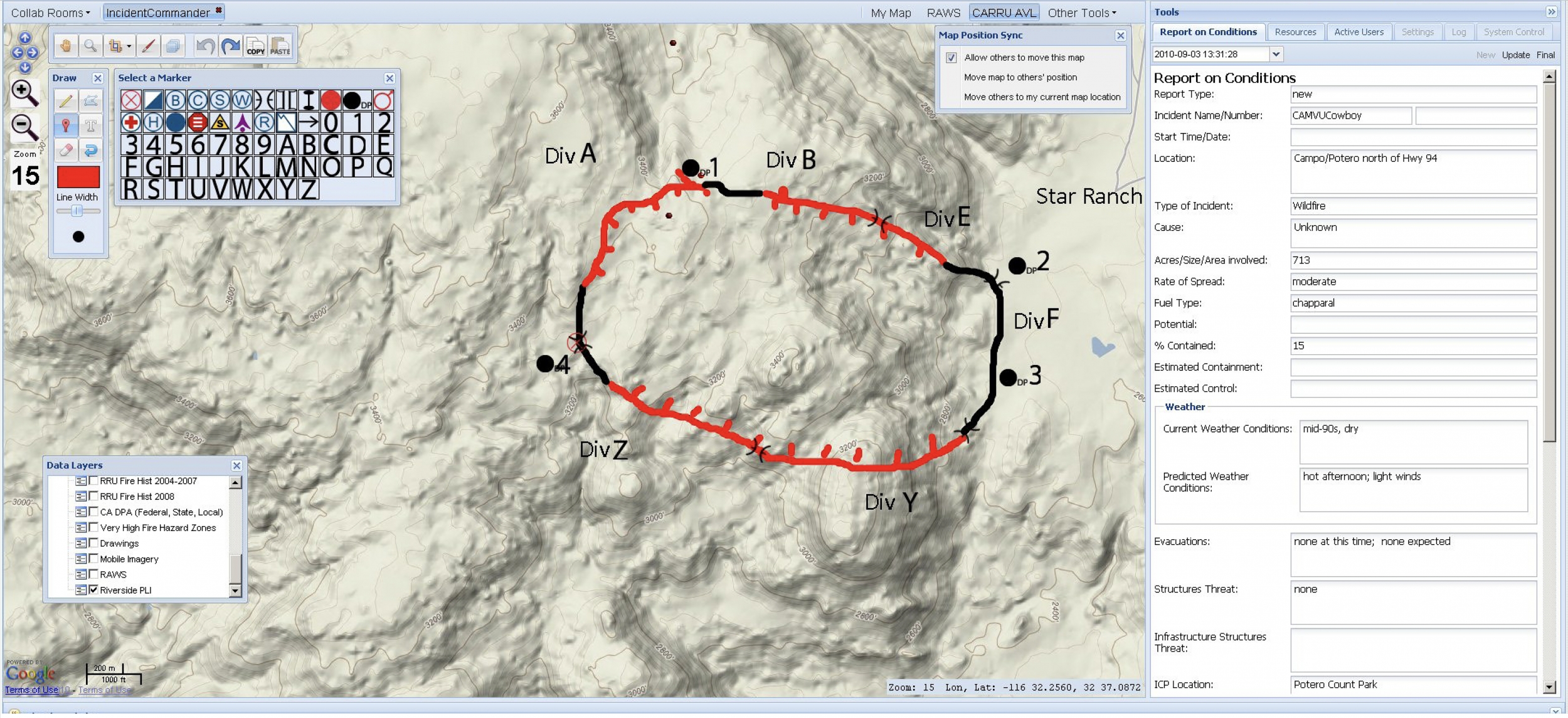 A software screenshot displaying a topographical map and information about a wildfire in California.