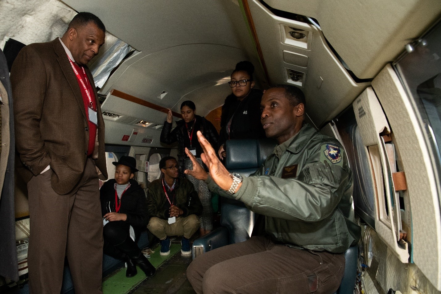 Thomas Washington explains the plans for this decommissioned Gulfstream IV plane. Photo: Nicole Fandel