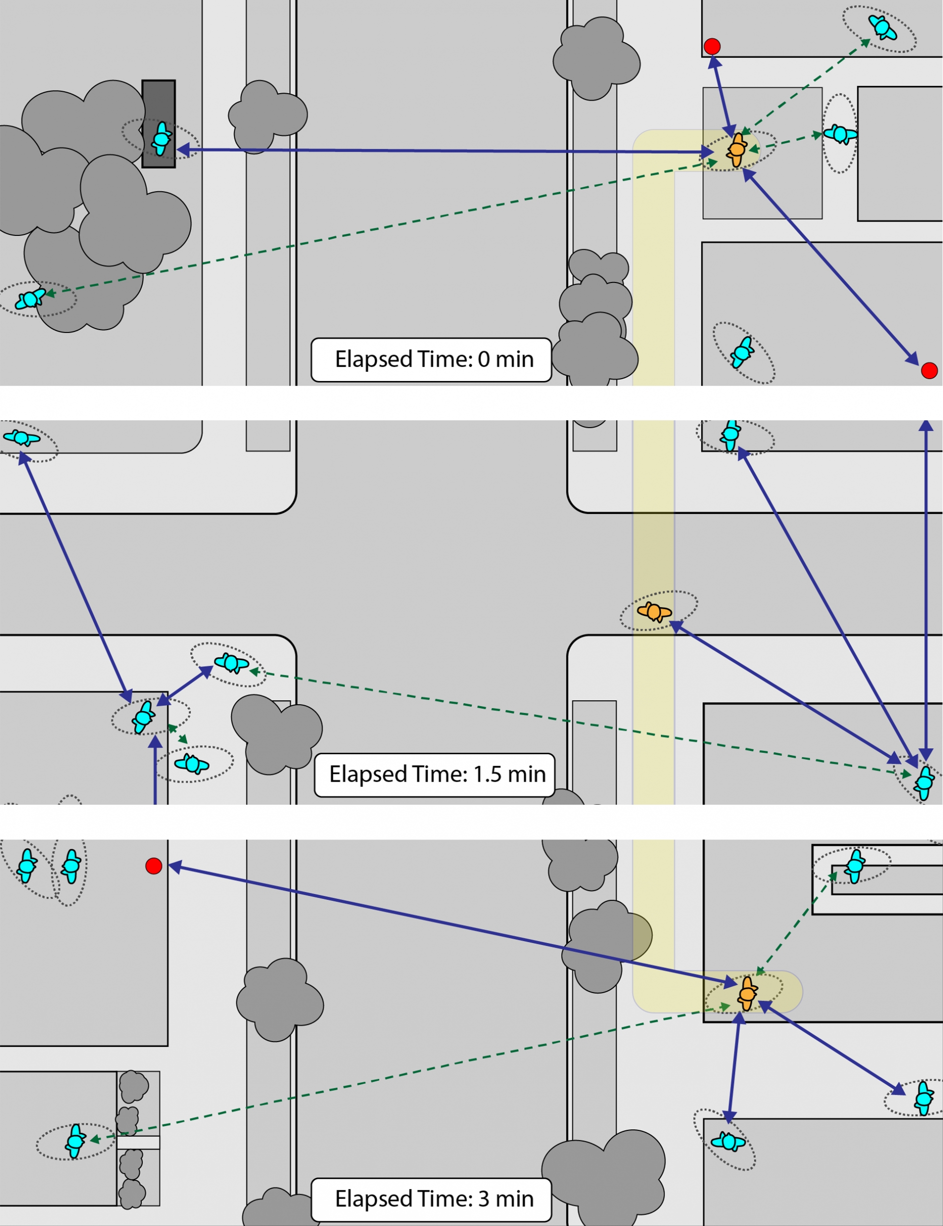 an illustration showing a layout of a building from above and user symbols distributed around it. 