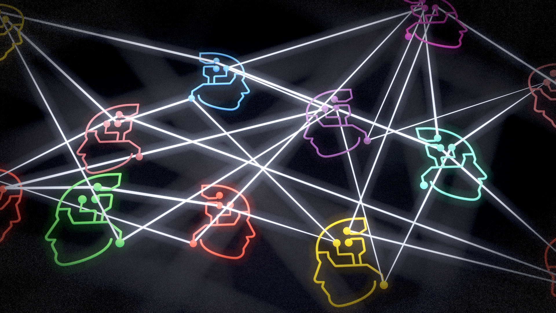 An illustration showing 11 "nodes" represented as outlines of human heads, of various colors (green, pink, red, blue). The nodes are connected by white lines, against a black background.