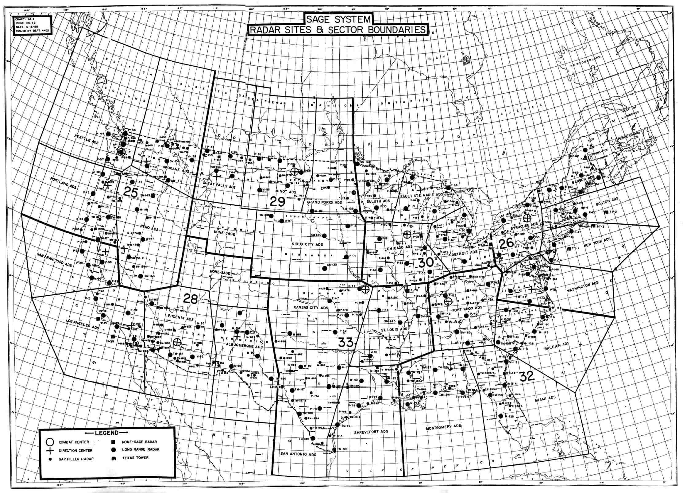 A map of the United States showing the full complement of SAGE system radar sites and sector boundaries. The legend identifies combat centers, direction centers, gap filler radar, none-SAGE radar, long range radar, and Texas Tower. 