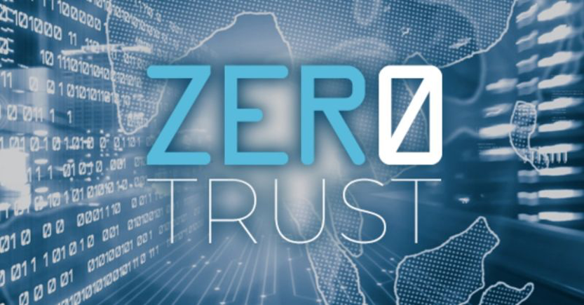 a graphic of the words "zero trust" with an abstract visual of 0s and 1s in the background.