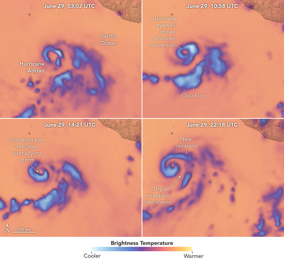 Four colored images show structural changes within Hurricane Adrian as the storm intensified.