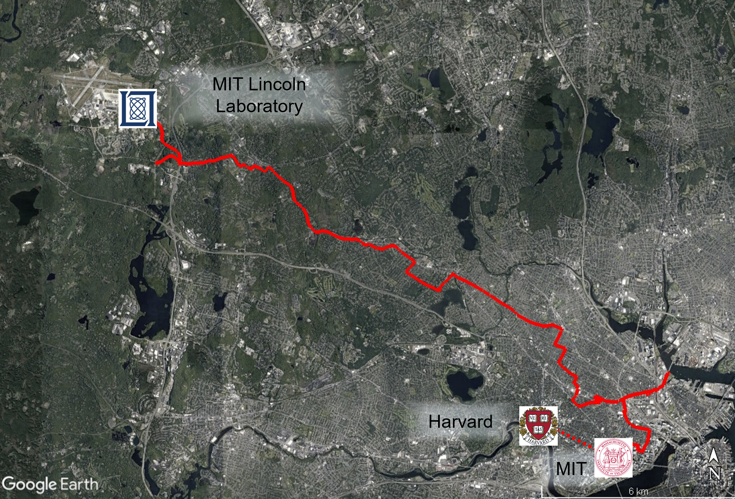 A Google Earth image showing Lincoln Laboratory, MIT, and Harvard connected across a telecommunications network fiber.