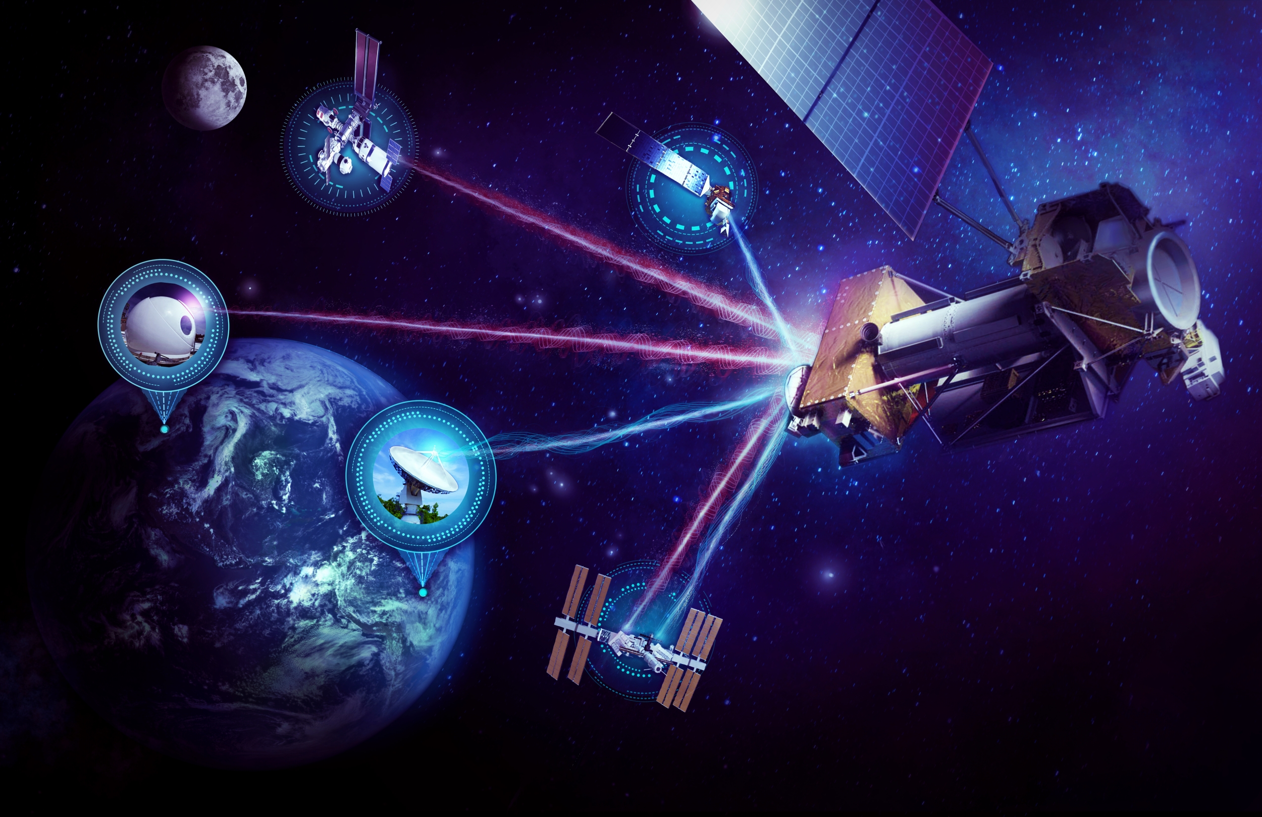 A graphical representation of NASA communicating in space using High-Rate Delay Tolerant Networking. 