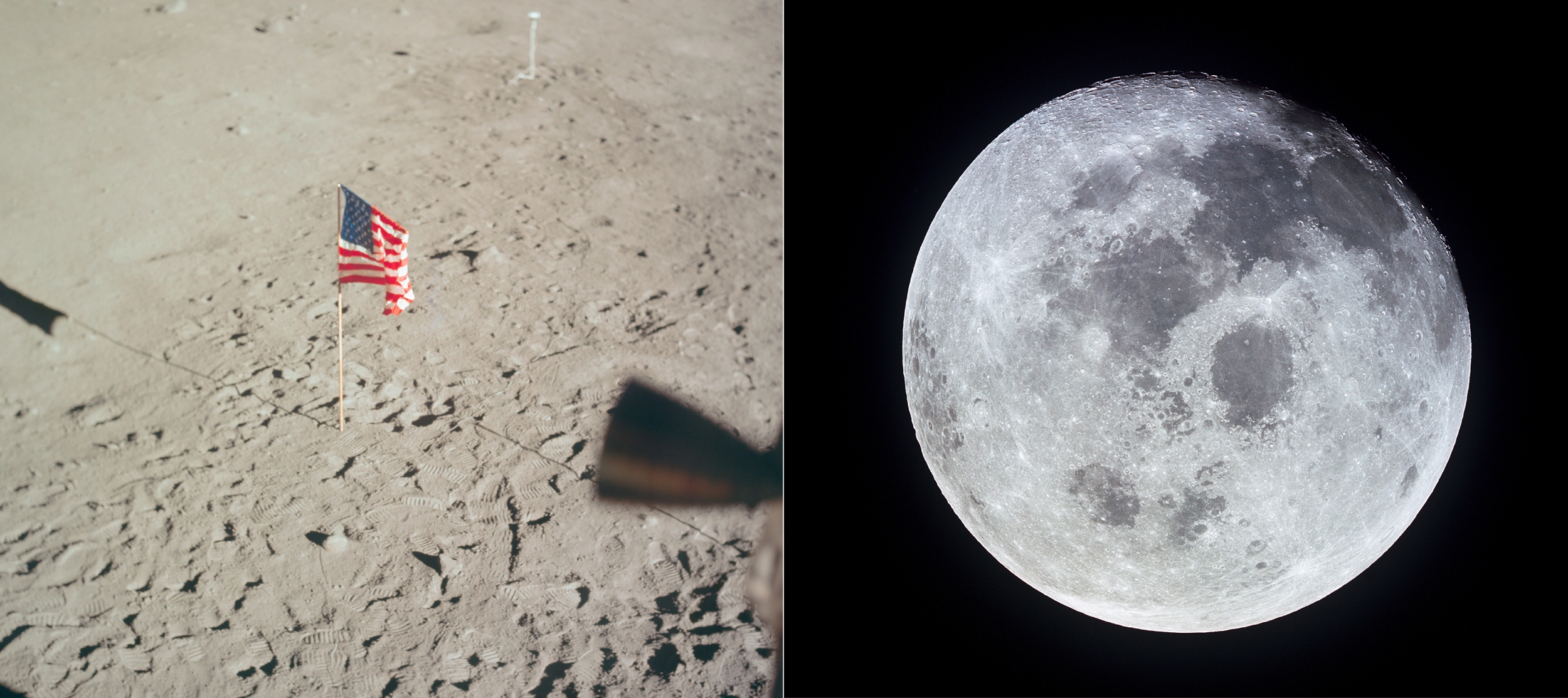 Side-by-side photographs of a U.S. flag planted on the Moon's surface and a full Moon from 10,000 nautical miles away.