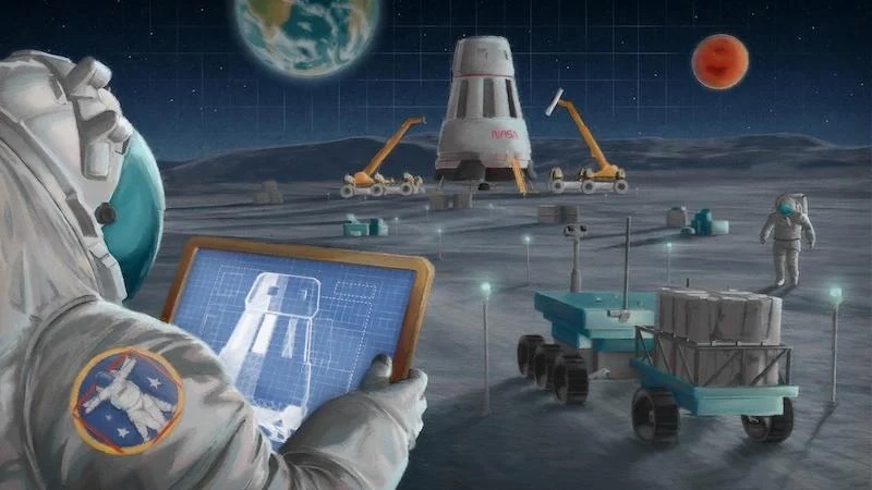 A schematic showing a human presence on the Moon's surface.