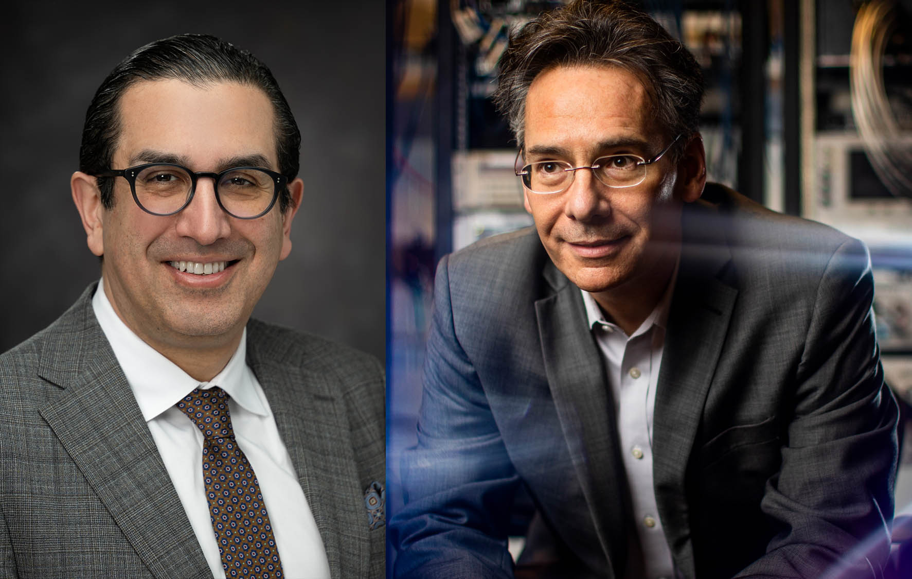 Formal portraits of Laboratory principal staff member Roozbeh Jafari and MIT professor William Oliver.