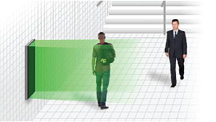 Illustration of standoff millimeter-wave imager scanning person walking in front of it.