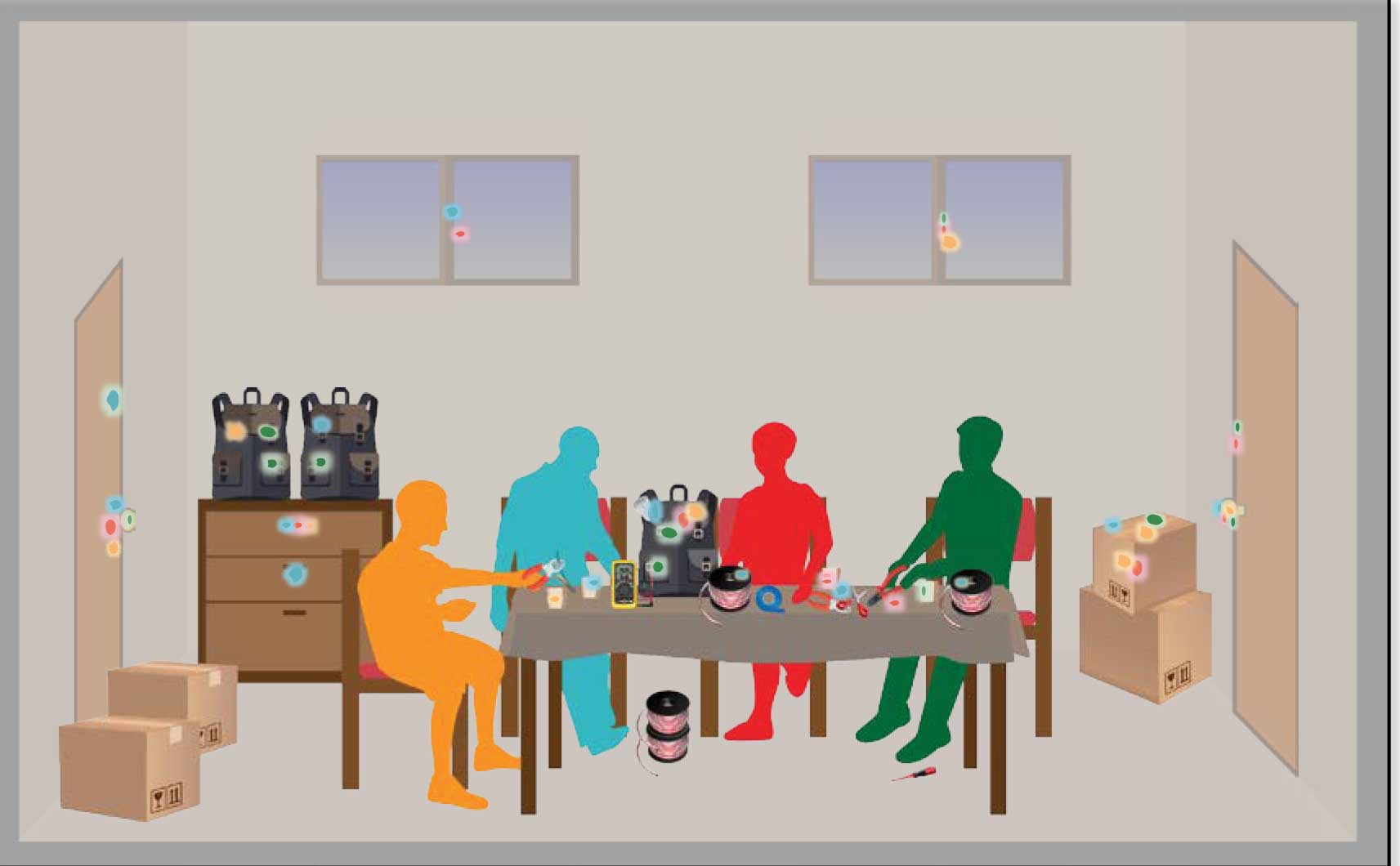 Cartoon drawing of people seated at table and color-coded to objects they touched in room.