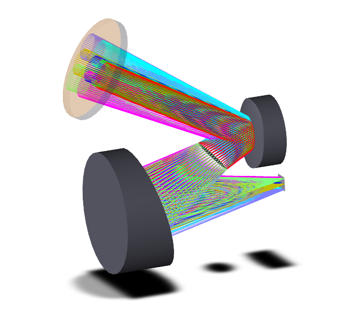 The drawing illustrates the two-mirror, diffraction-limited freeform optical design.