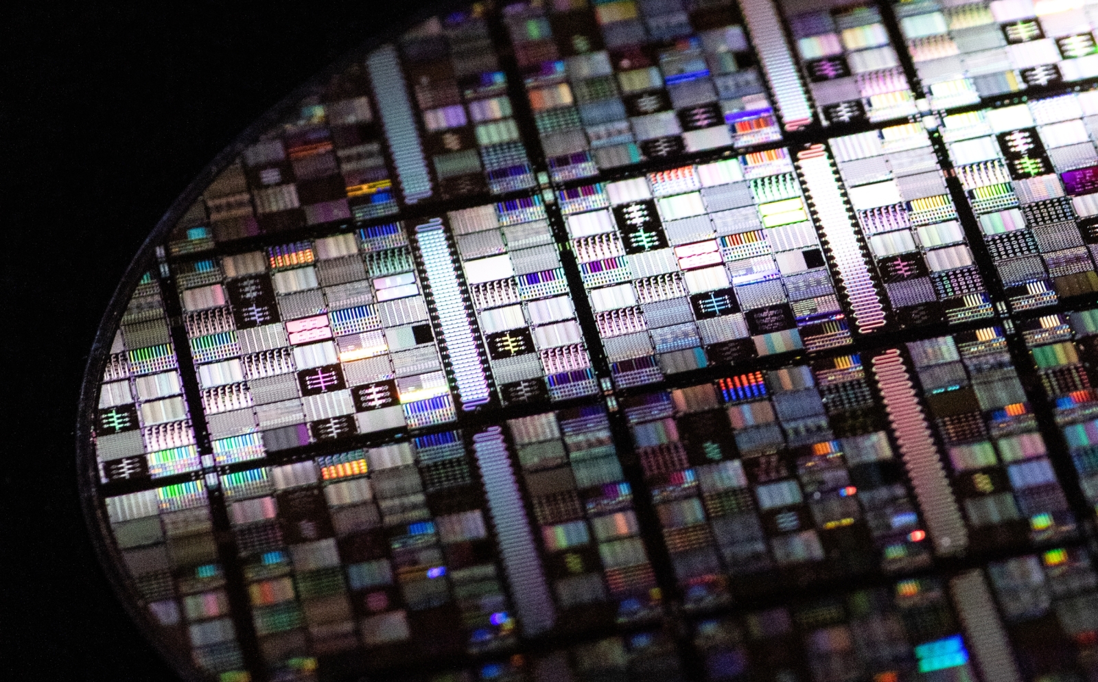 A close-up shot of a wafer containing circuits