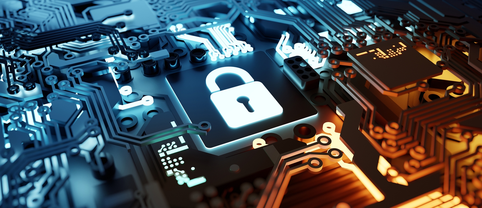 An illustration of a close up circuit board with a lock drawn in the middle. 