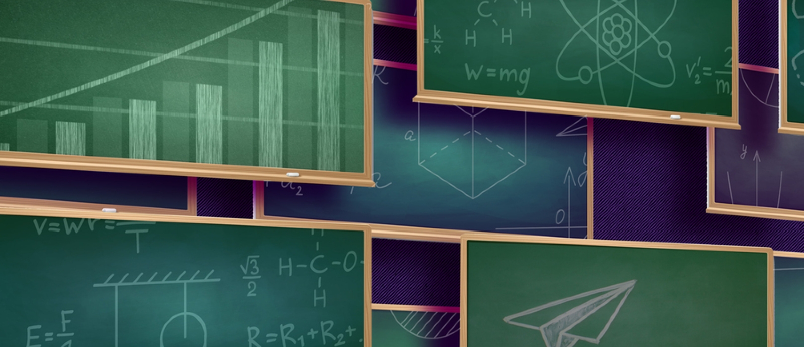 an illustration of various blackboards with different drawings on them, such as a bar graph and equations.