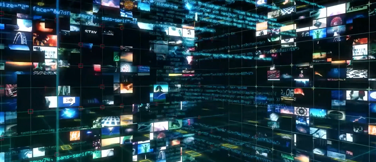 Artistic visual of AI using code overlaid on an array of computer screens