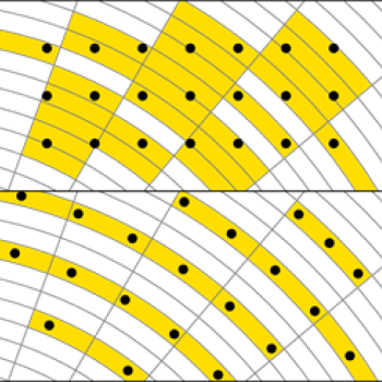 Two grids with black dots indicating turbines show the space savings ROWTS enables.