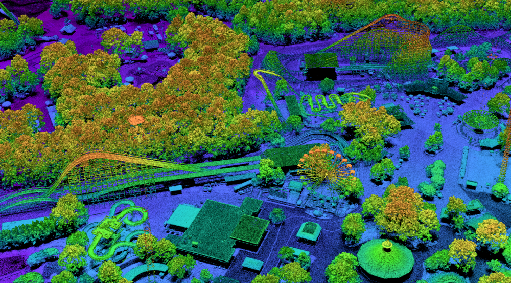 The Laboratory-developed PHOENIX High CASTLE collected this imagery of the amusement park Kings Dominion in Virginia during an initial flight campaign to test and optimize the performance of this 3D airborne ladar.