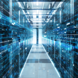 an illustration of nodes and lines drawn over server racks