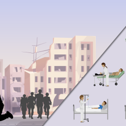 Graphic showing a military servicemember on the left and a full hospital scenario on the right. 