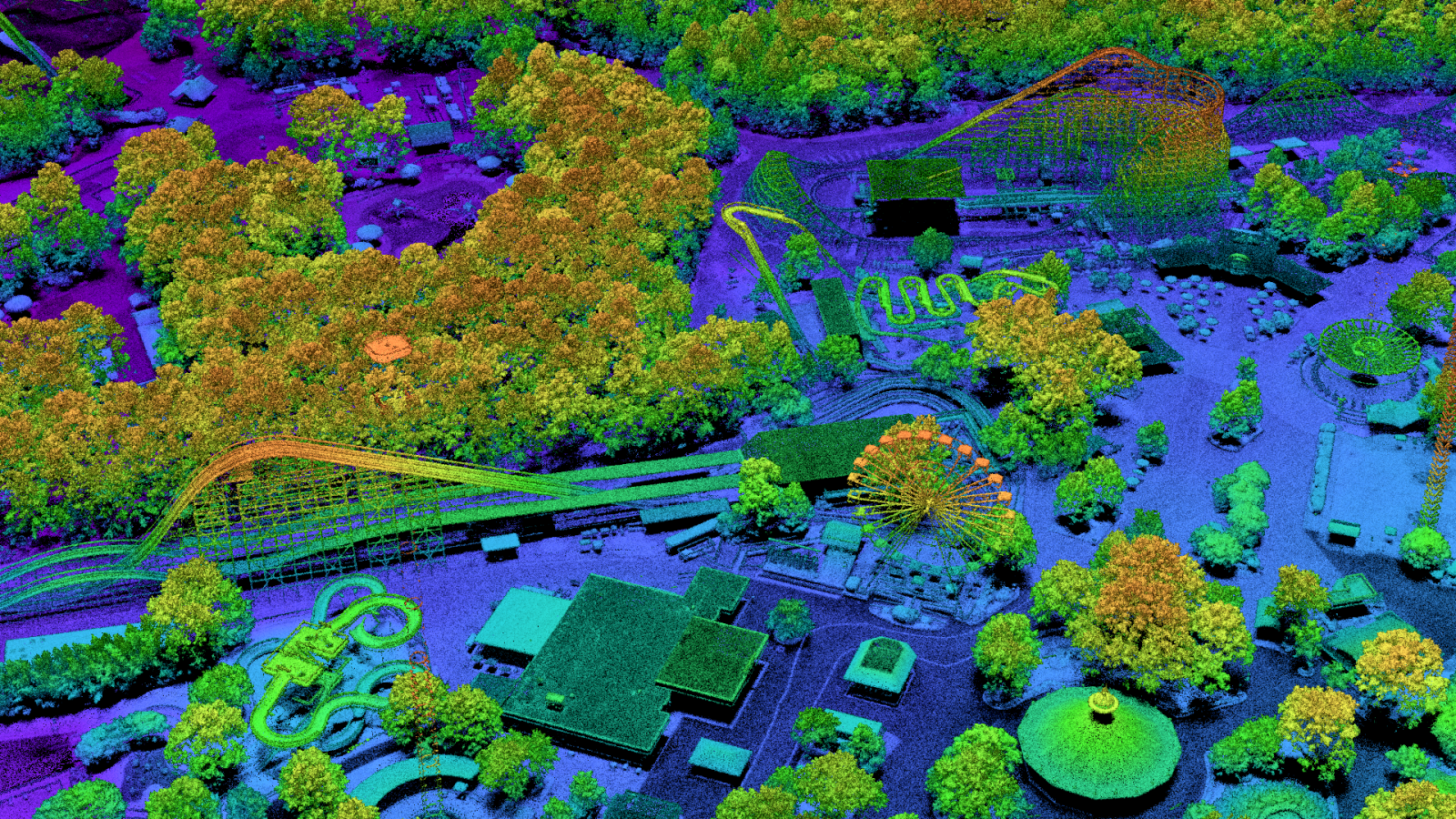 The Laboratory-developed PHOENIX High CASTLE collected this imagery of the amusement park Kings Dominion in Virginia during an initial flight campaign to test and optimize the performance of this 3D airborne ladar.