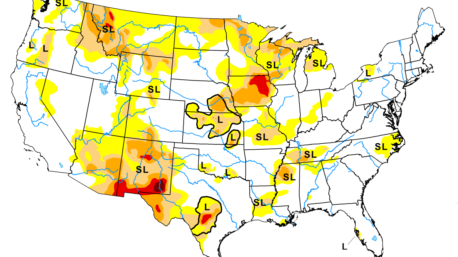 A map of the United States with areas colored on a scale from yellow to dark red, indicating drought severity.